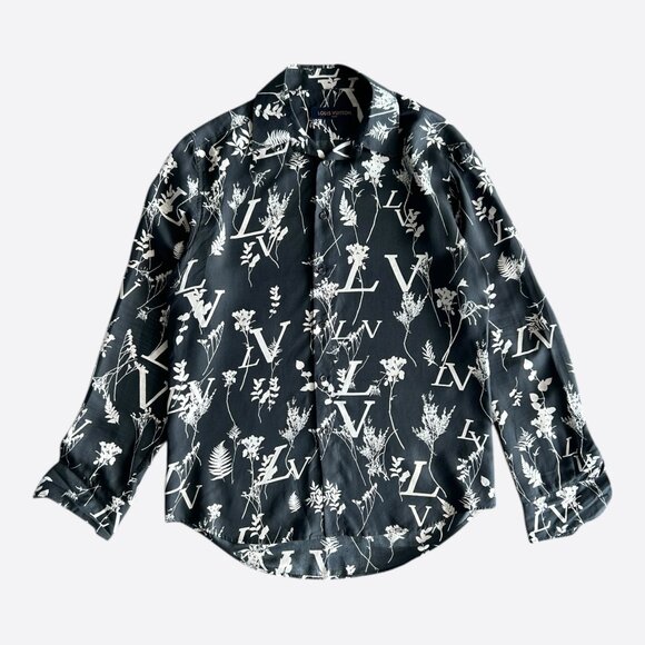 Louis Vuitton Navy & White Leaf Silk Button Up Shirt